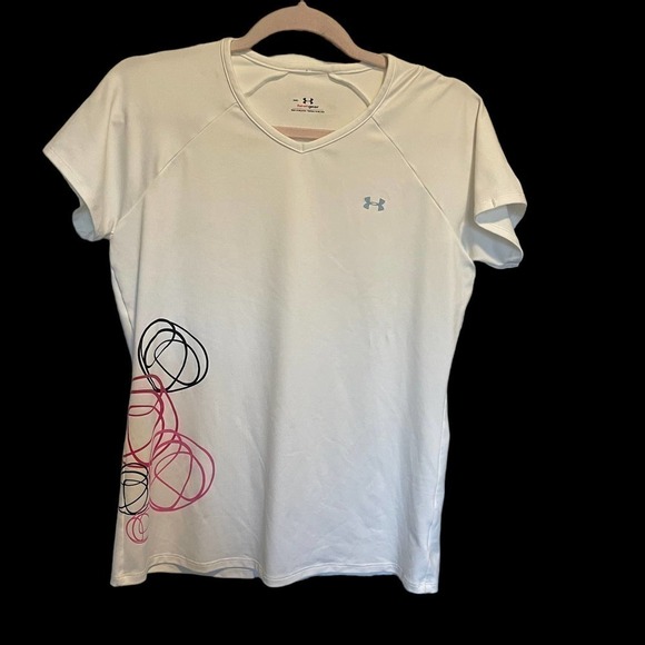Tee T Shirt Top Under Armour white short sleeve with swirl design Quick Dry M - Picture 1 of 12